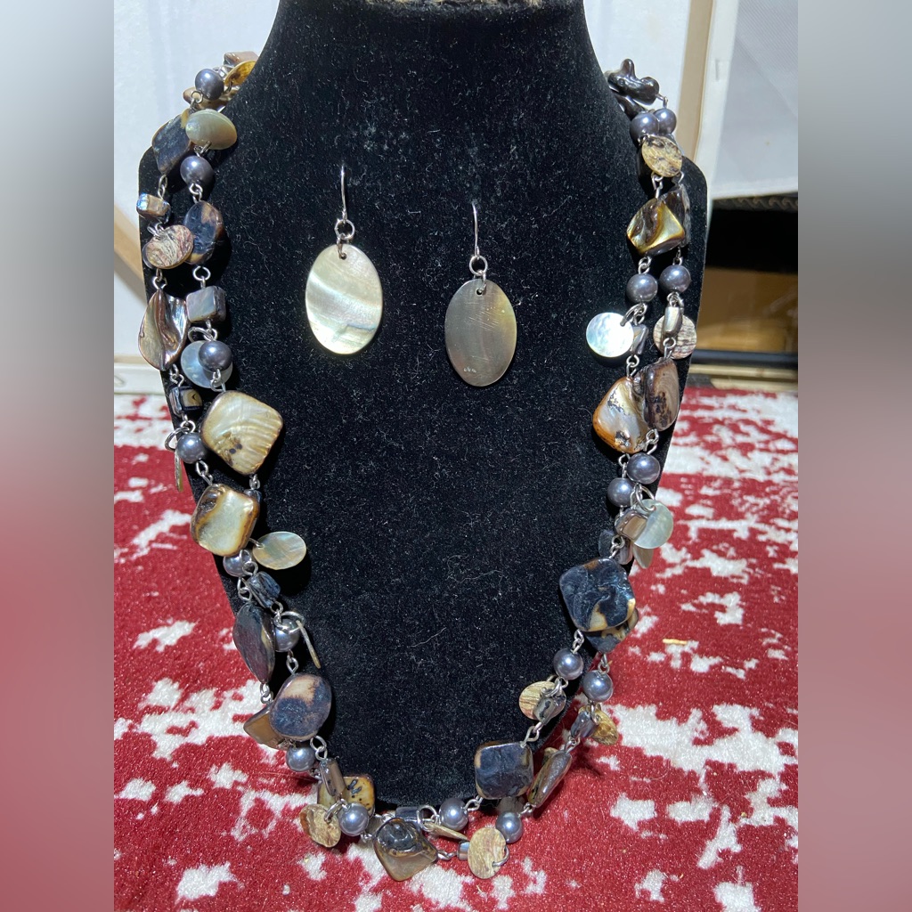 Mother Of Pearl Shell And Faux Pearl Necklace And Mother Of Pearl Earrings